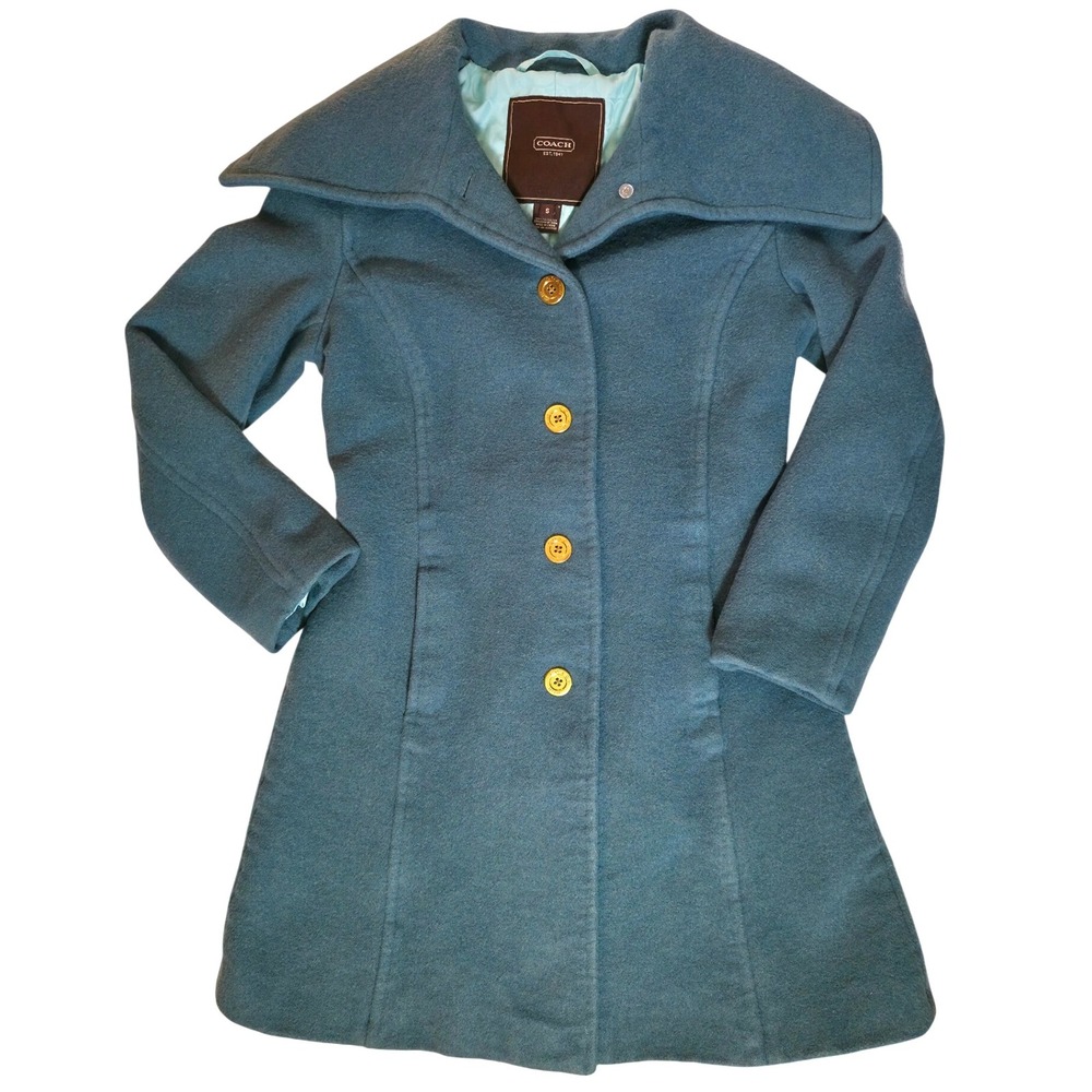 Coach Teal Blue Wool Peacoat with Wide Collar